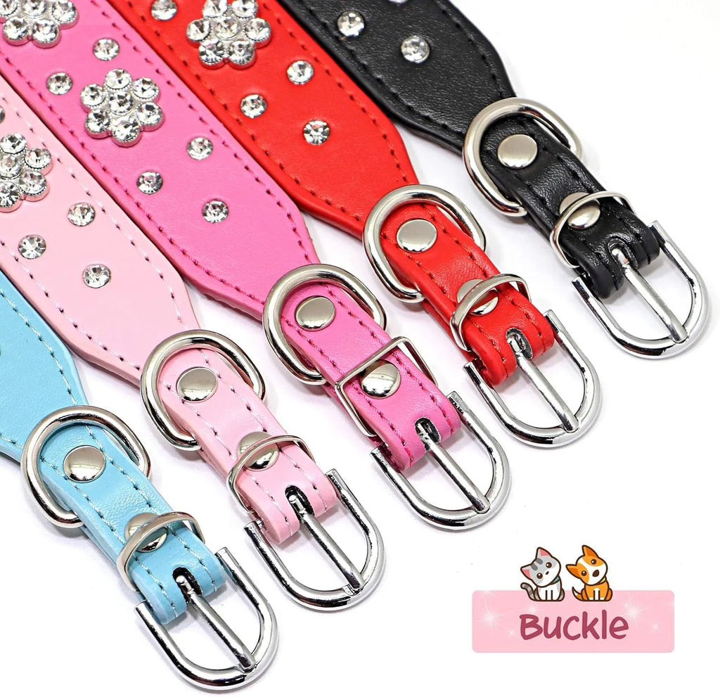 A studded rhinestone flower pattern on a soft black PU leather dog collar with a metal D-ring.
