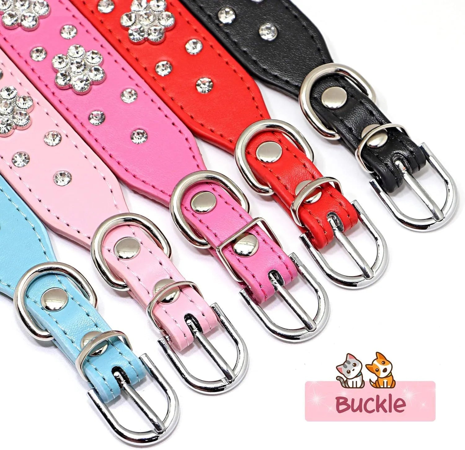 A studded rhinestone flower pattern on a soft black PU leather dog collar with a metal D-ring.