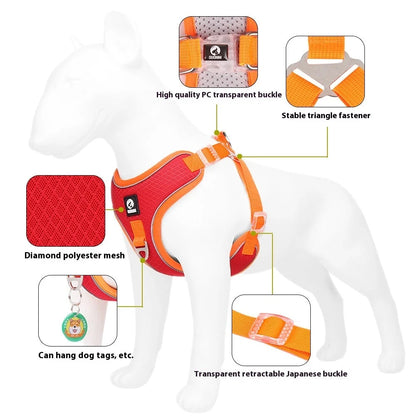 Adjustable breathable mesh dog harness with reflective piping in various colors