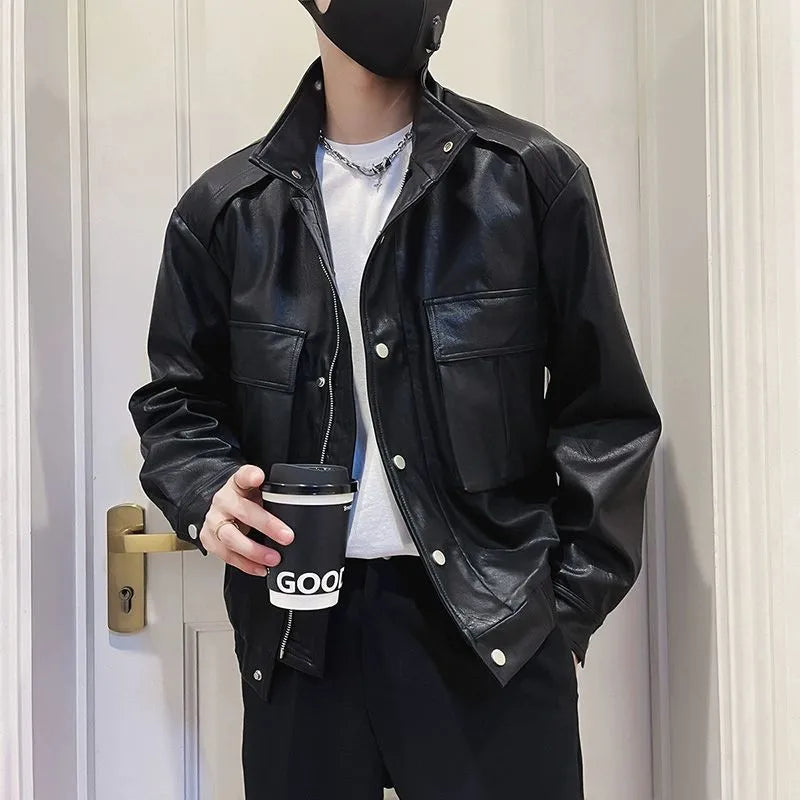 Men's black Korean-style PU leather jacket with straight hem and side pockets