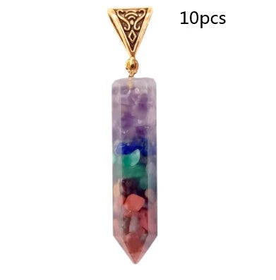 Seven chakra natural crushed stone hexagon column necklace with aura pendant in gold color