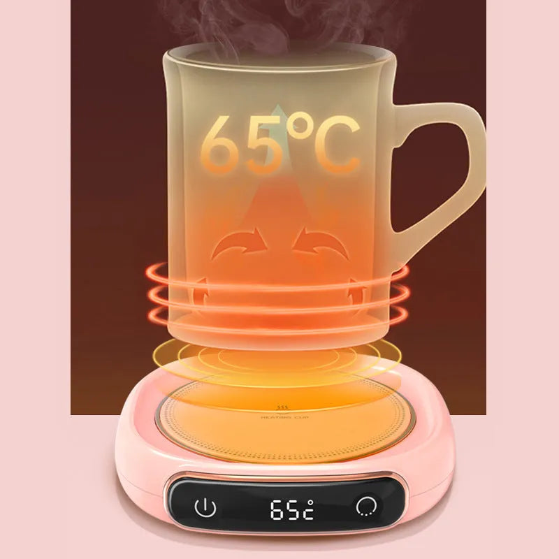 USB-powered white coffee mug warmer with ABS base and metal heating plate on wooden desk