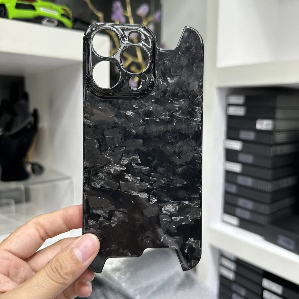 Forged carbon fiber hard phone shell for iPhone 15 Pro Max in bright black finish