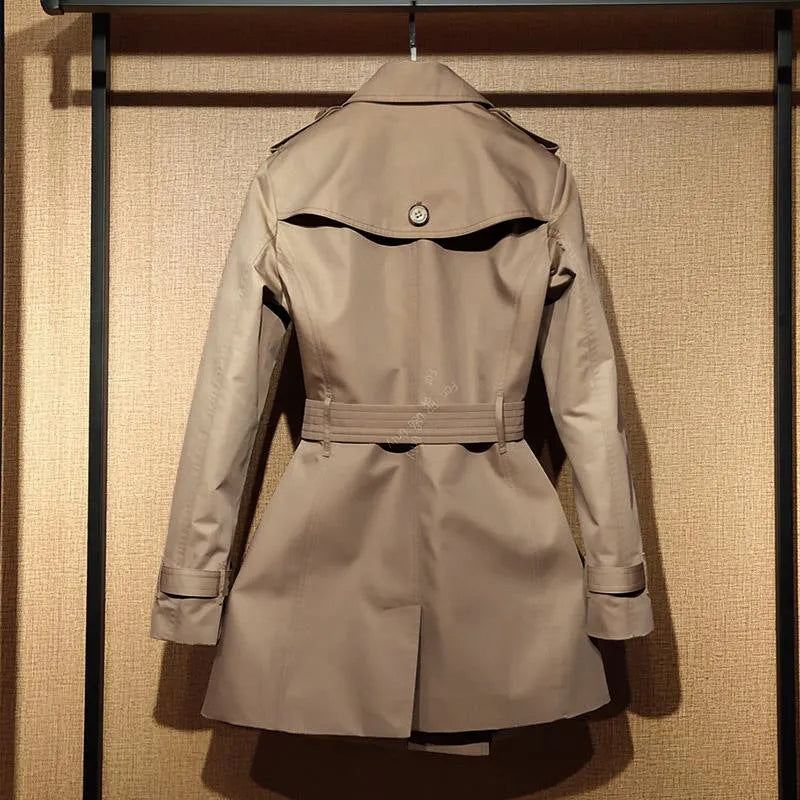 Khaki women's double breasted trench coat with long flight sleeves and button details