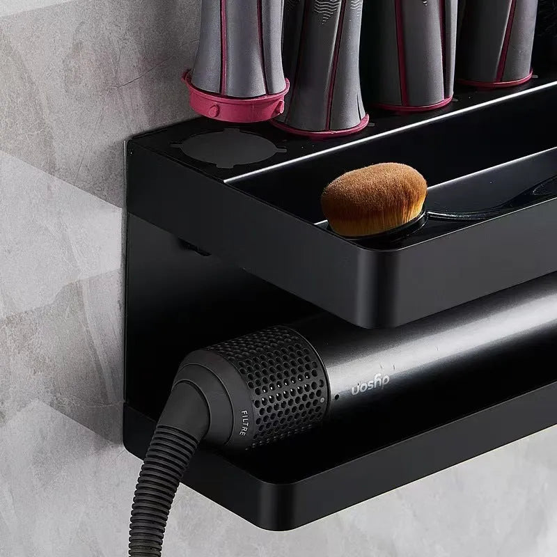 Aluminium punch-free bathroom storage rack for Marcel wavers with double-layer design in black colour