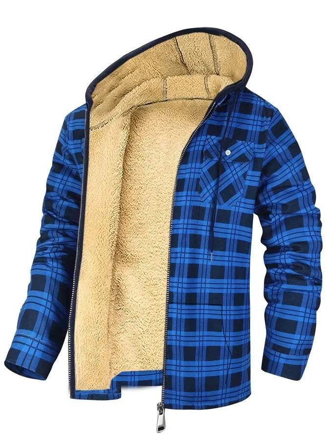 Men's plaid print hooded zip-up winter jacket with thickened cotton padding