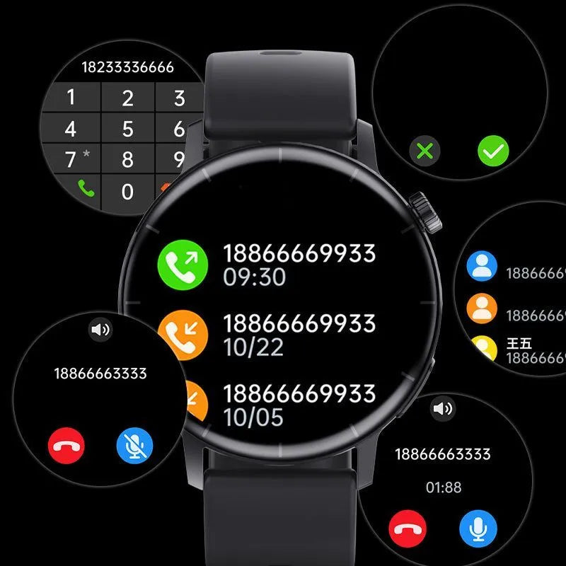 Bluetooth call smartwatch with 1.32 inch round screen and black TPU sport strap on wrist