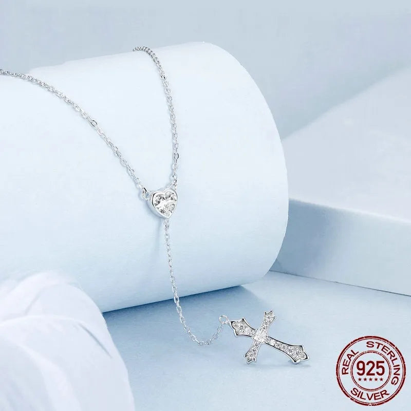925 silver V-neck love cross pendant necklace with an O-ring chain in colour BSN384.