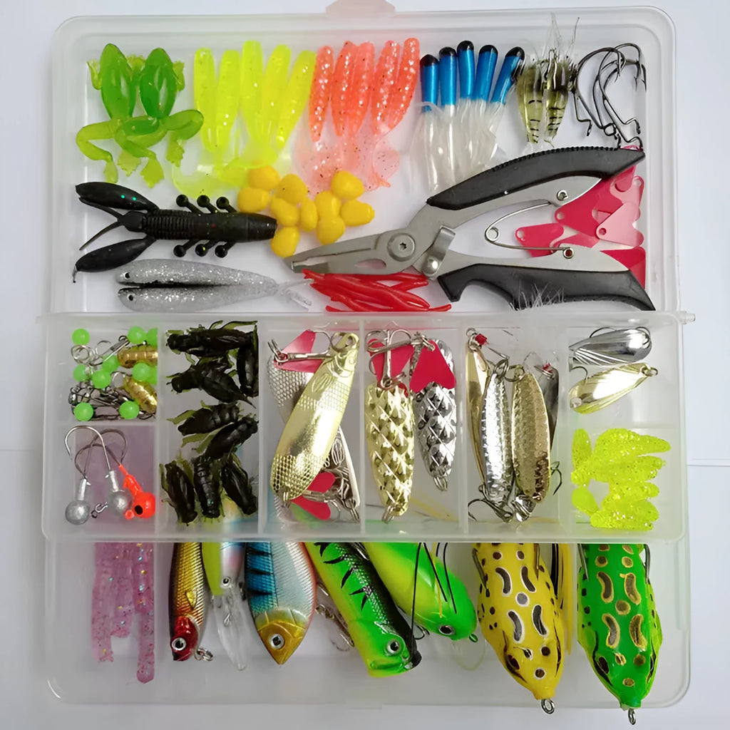 142-piece fishing lure set showing metal hard minnows, plastic sequin baits, and fishing pliers