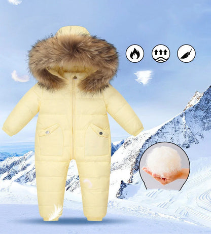 Baby wearing white duck down jacket with hood in yellow colour, suitable for 90-120cm heights