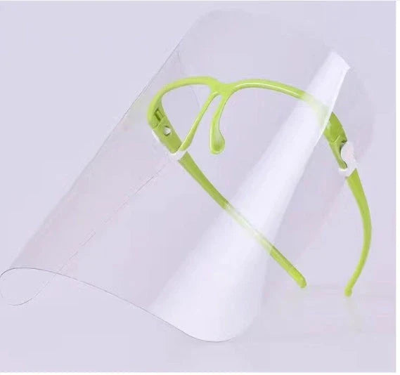 Head-mounted anti-fog and anti-spray mask in blue, green, and pink with replaceable lenses