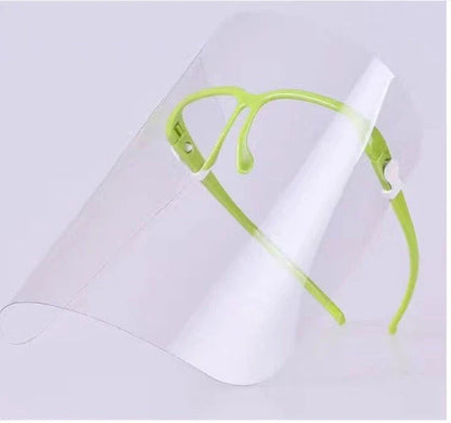 Head-mounted anti-fog and anti-spray mask in blue, green, and pink with replaceable lenses