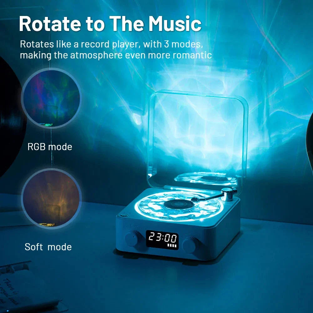 Retro Bluetooth Turntable Speaker with vibrant RGB lamp effect