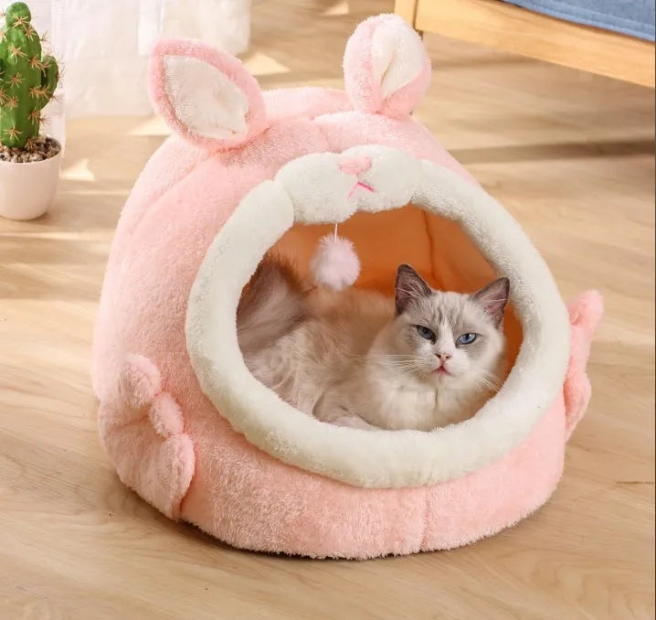 Bejirog pink screaming rabbit semi-closed cloth cat nest for autumn and winter, available in gray and pink sizes