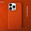 Genuine leather half pack phone case for iPhone 16 in orange with anti-fingerprint finish
