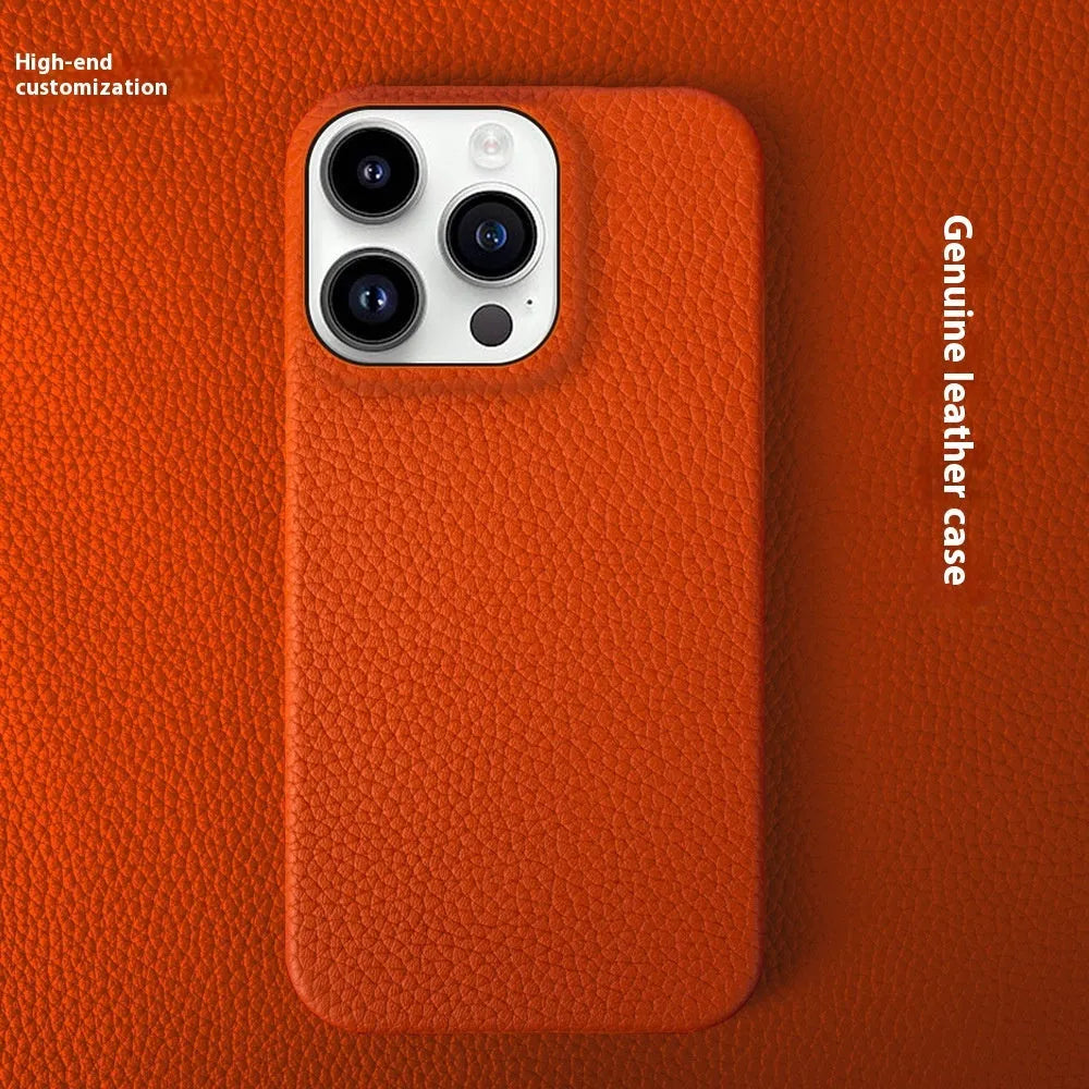 Genuine leather half pack phone case for iPhone 16 in orange with anti-fingerprint finish