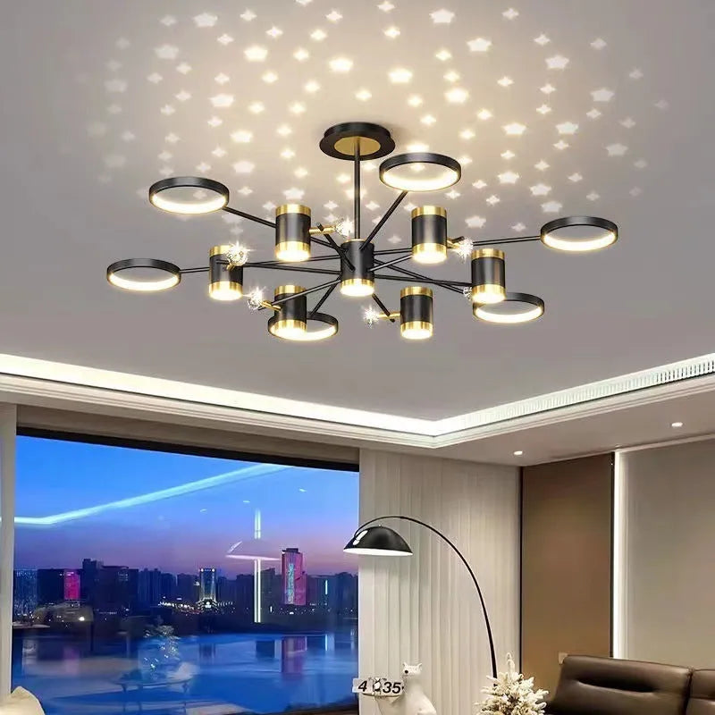 Black iron pendant chandelier with 13 lamp heads and adjustable height ceiling mount