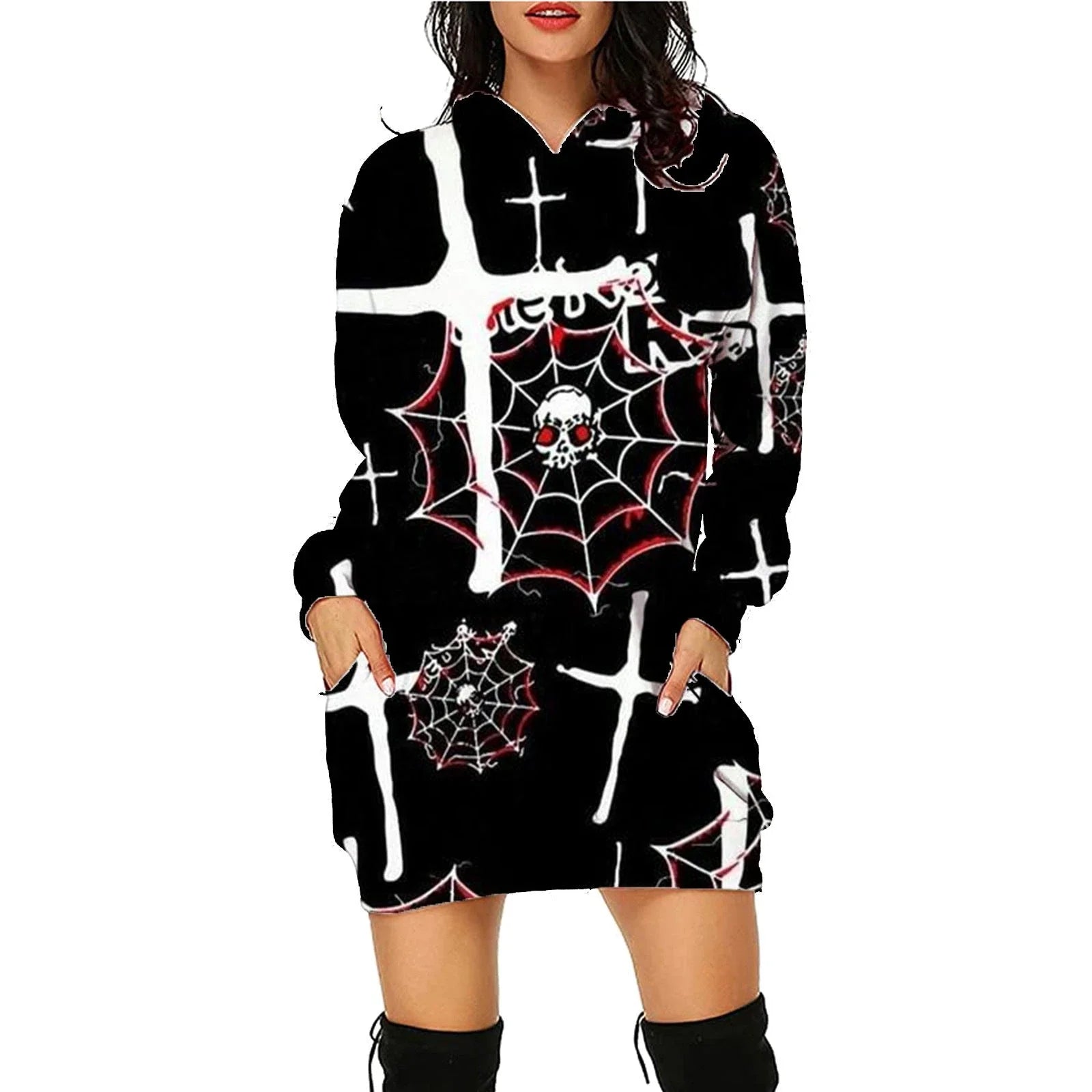 Stylish women's Halloween hoodie with a unique printed design and convenient front pockets