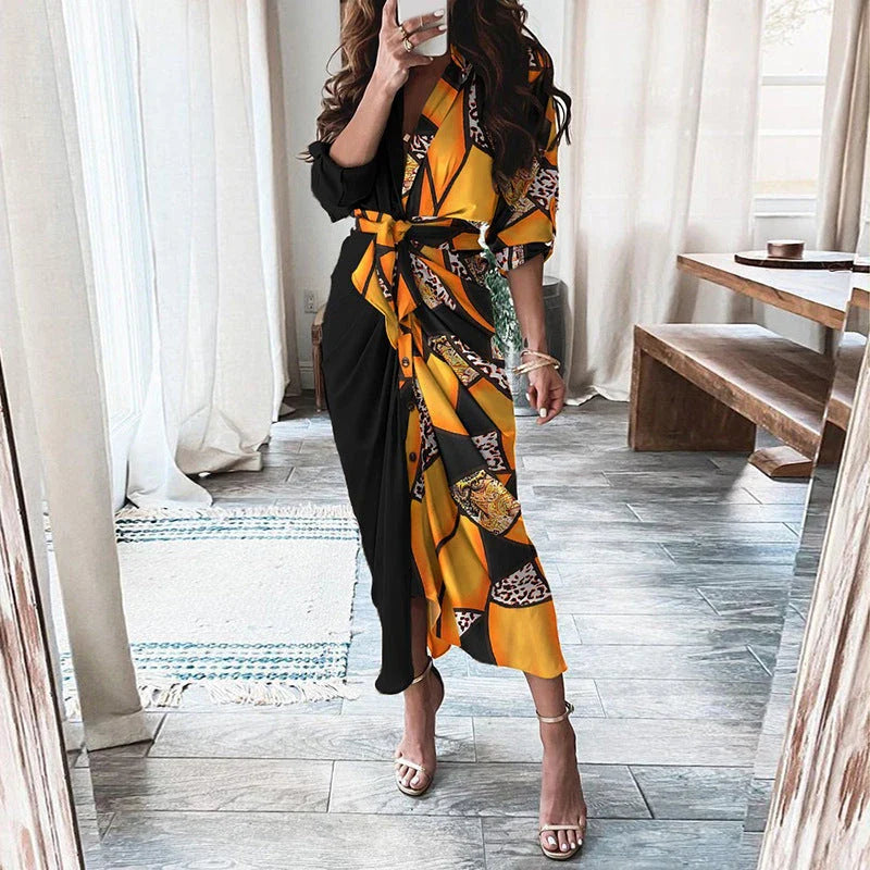 Elegant and chic floral print long-sleeved lace-up maxi dress with deep v-neck and empire waist