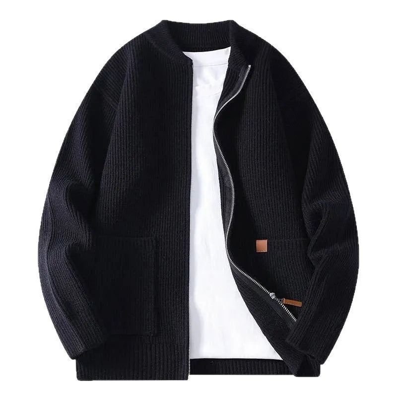 Men's straight fit striped sweater cardigan jacket in a choice of five colours on a hanger.