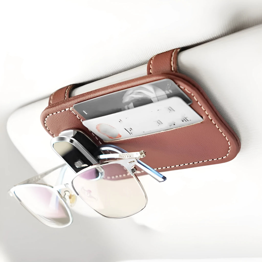 Genuine cowhide leather car sun visor card holder with snap-on installation in five colour options