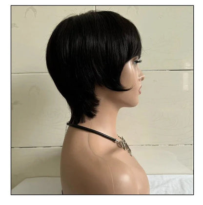 Short straight human hair wig with side bangs in natural black colour, showing 30cm length and realistic hairline