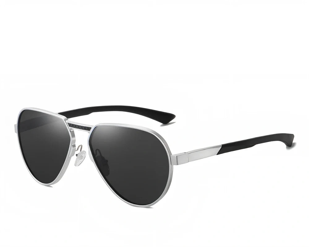 Large frame polarised glasses in black alloy with gray TAC lenses, reducing glare by 99% for clear vision