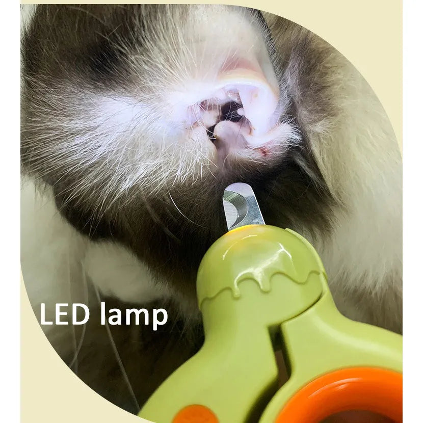 Blue pet nail clippers with LED light on, showing stainless steel blade and non-slip plastic handle.