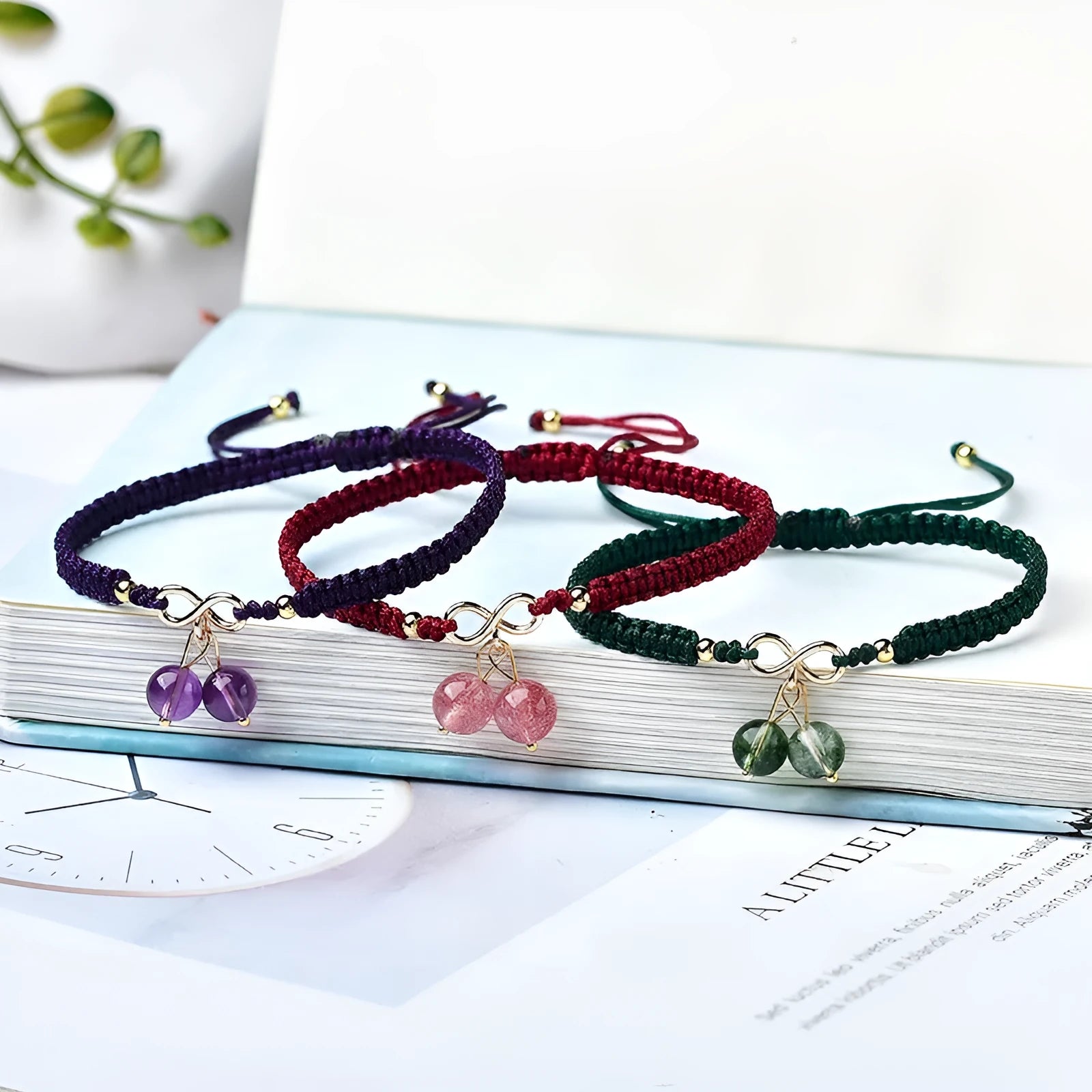 Natural strawberry quartz cherry bracelet for women with crystal beads and adjustable closure