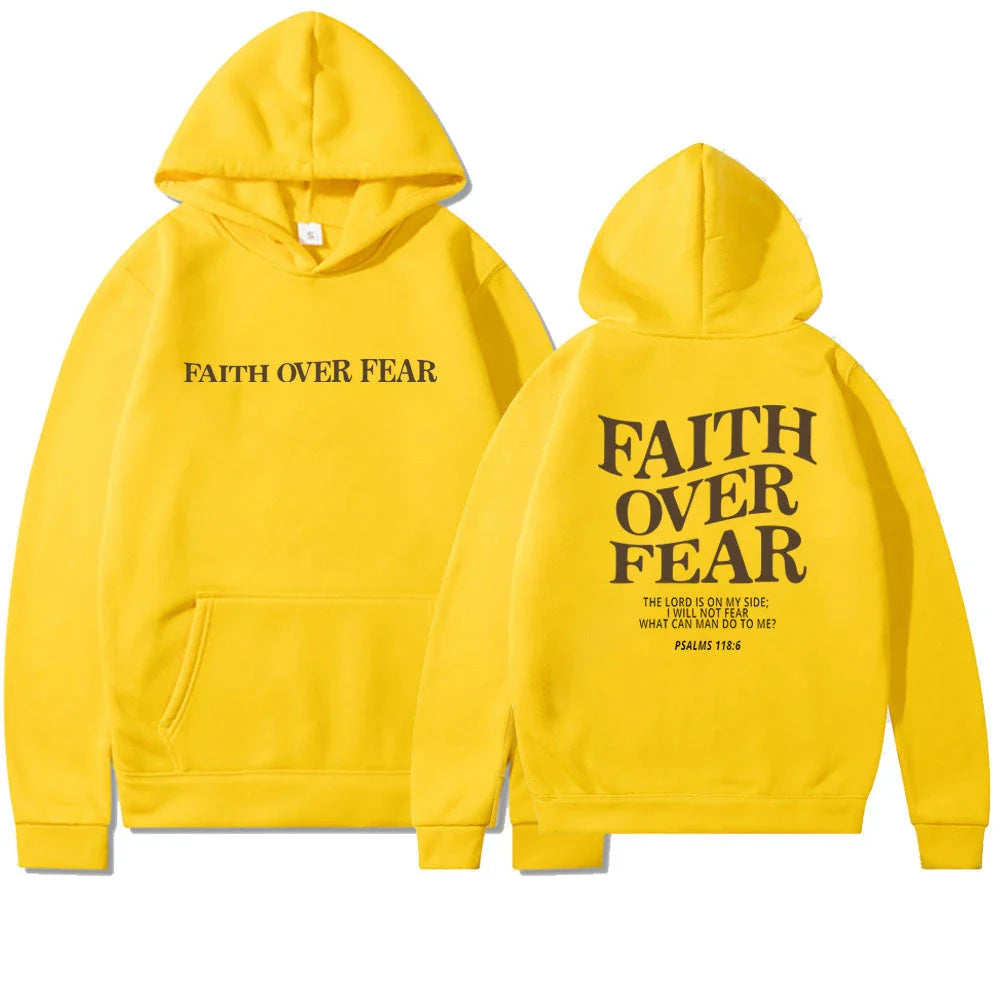 Inspirational Christian hoodie with 'Faith Over Fear' graphic in various colors