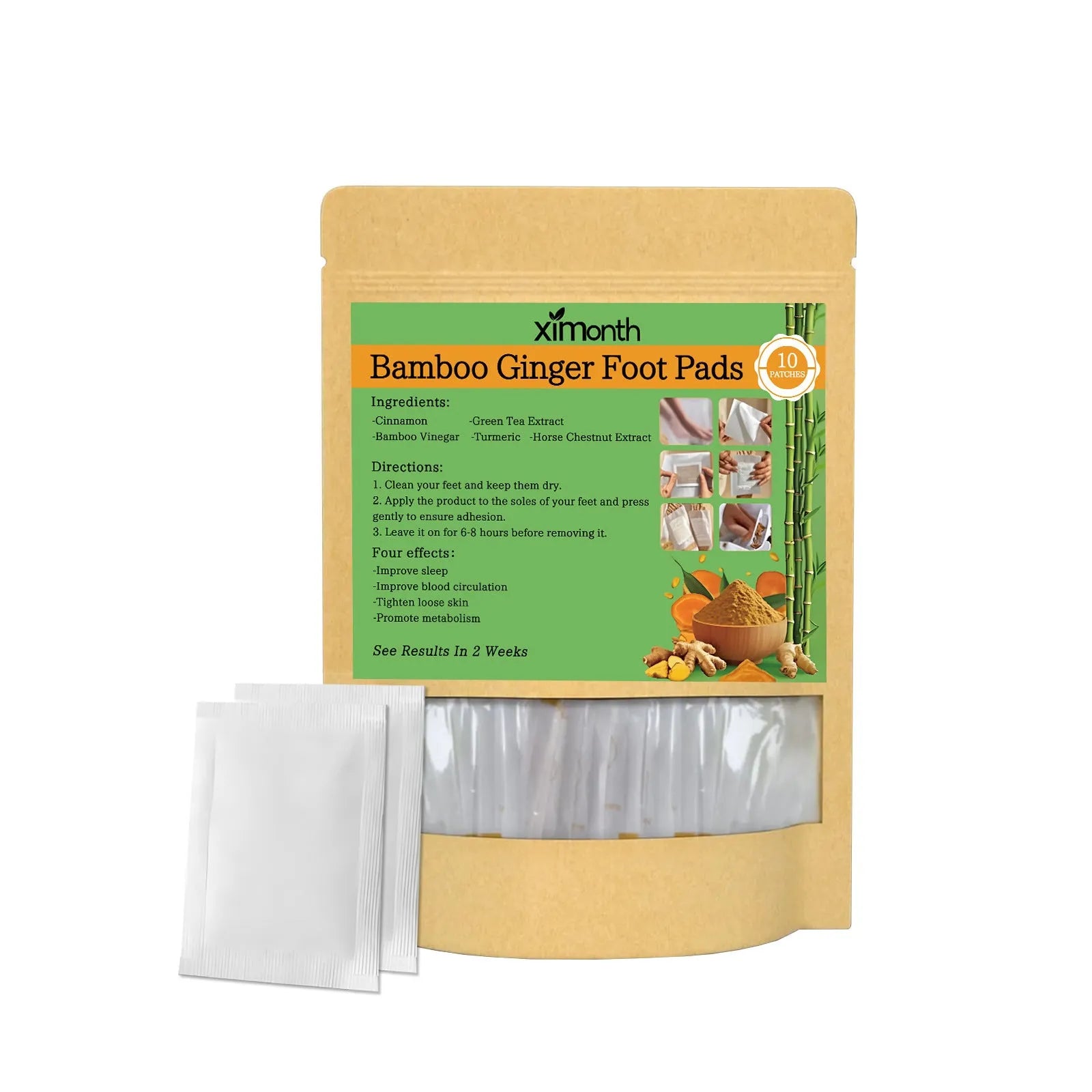 Pack of 10 adhesive health patches with ginger, turmeric, and bamboo vinegar ingredients.