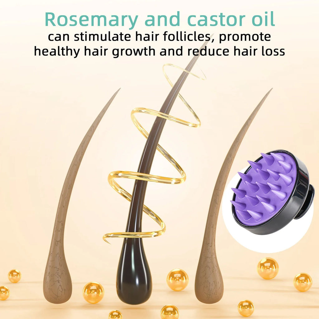 Bright yellow 118ml hair treatment oil bottle with integrated massage brush for dense long hair care