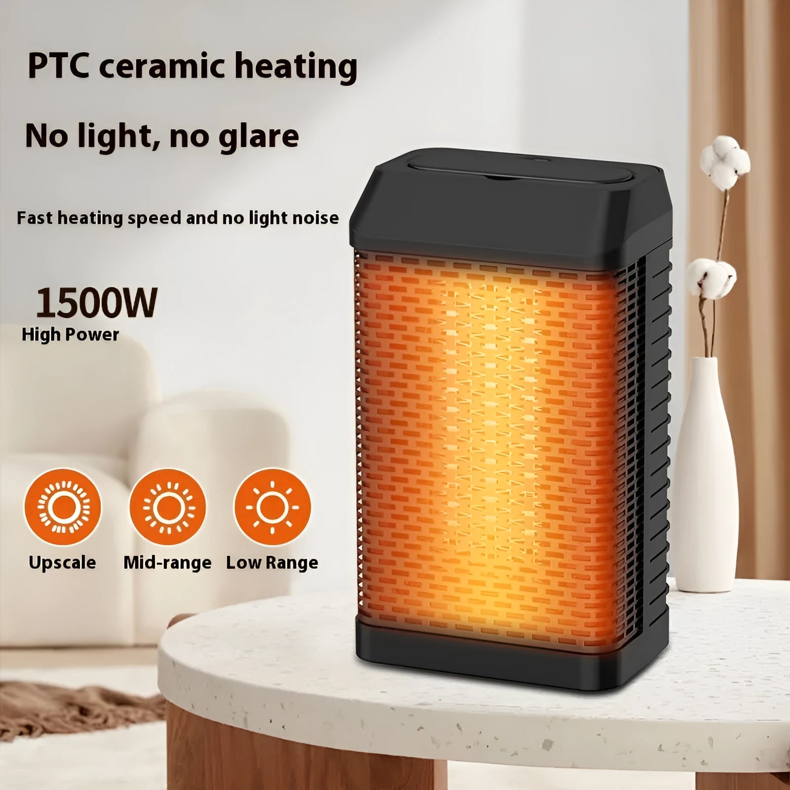 Black remote control desktop heater with shaking head function and digital controls