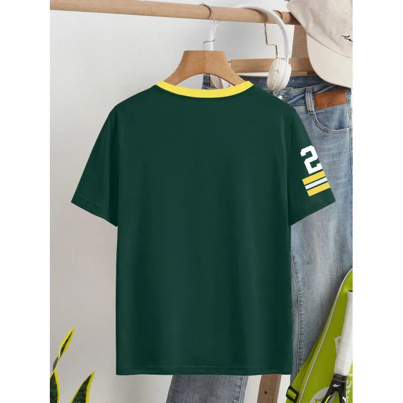 Cotton casual t-shirt with digital letter printing in red or green colour, loose fit short sleeve design