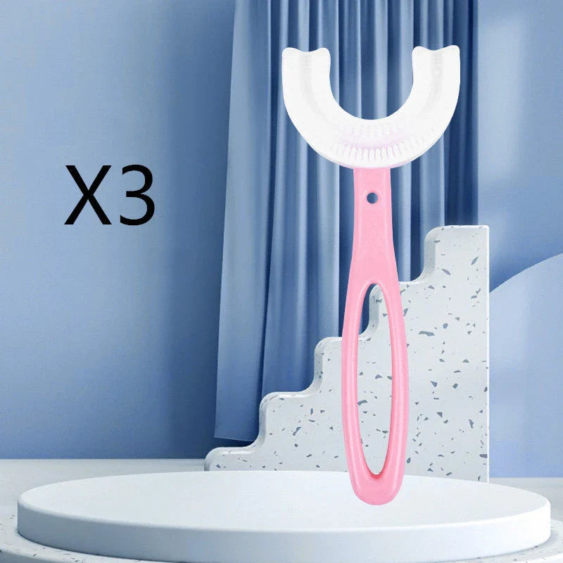 U-shaped children's soft rubber toothbrush in various colors including pink, blue, and long options