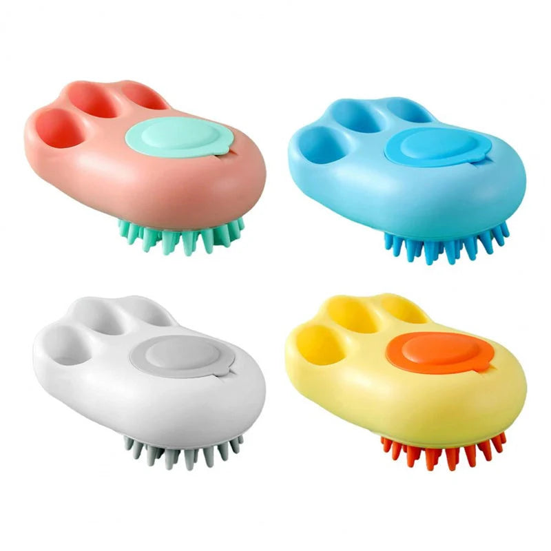 Claw-shaped pet grooming brush in pink, blue, yellow, and grey for cats and dogs