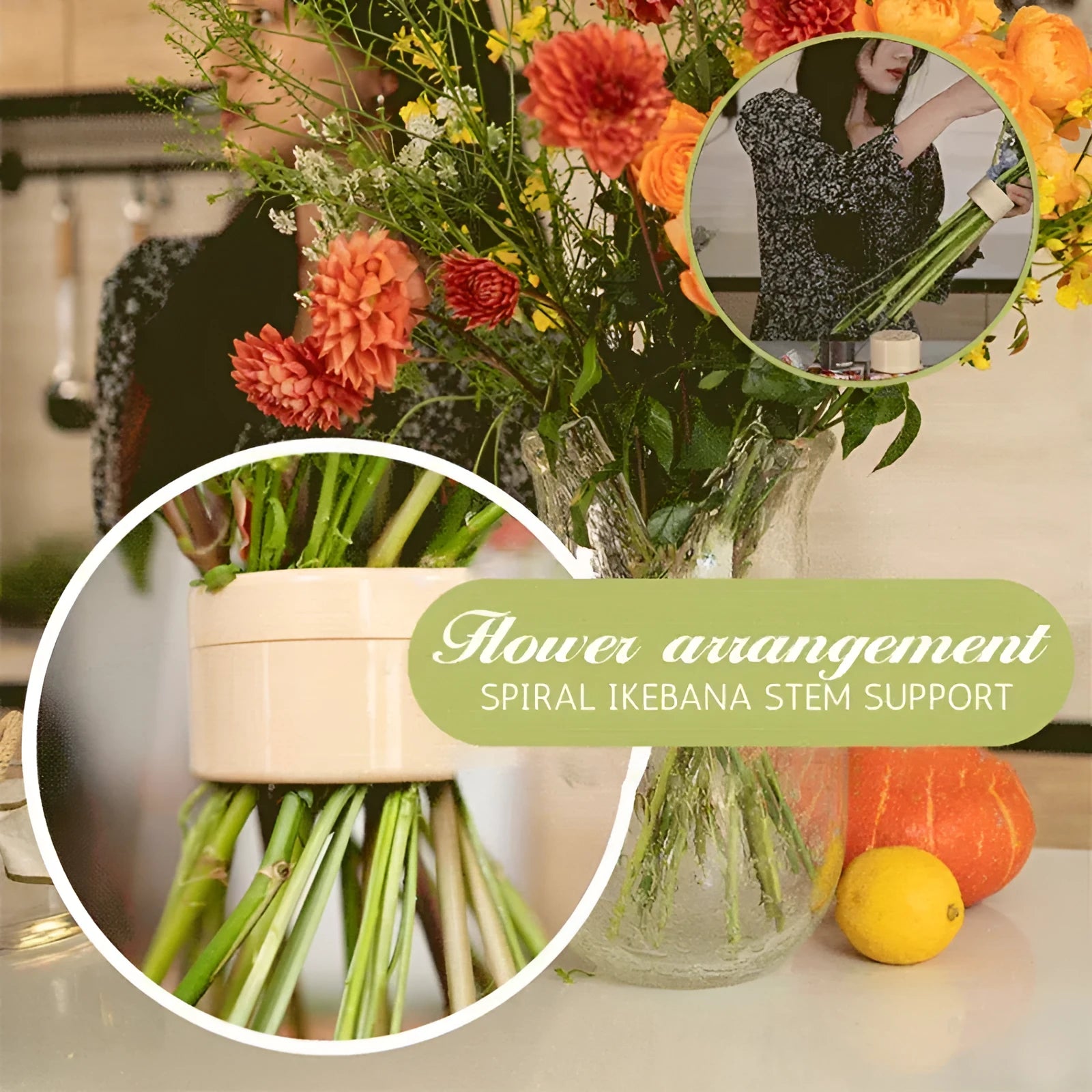 Plastic spiral stem bracket flower arrangement tool in green, with spiral design for holding stems in a vase