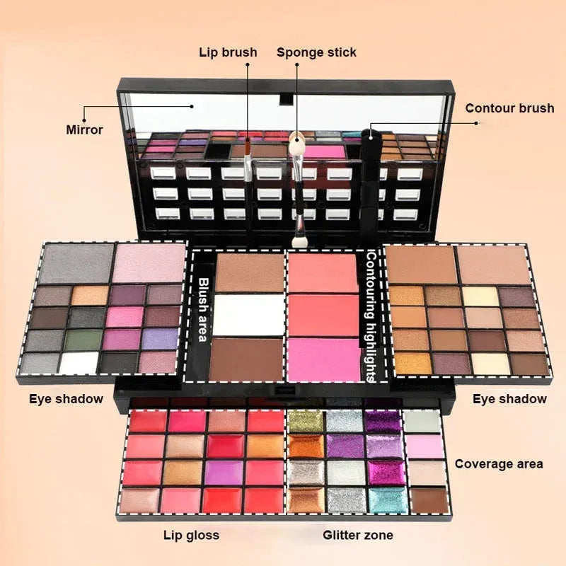 74 colour makeup palette with four layers, a mirror, and included brushes for eyeshadow, lip, and contour.