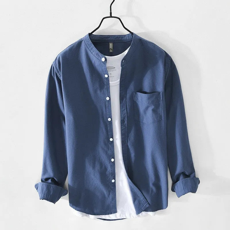 Men's linen stand collar casual shirt in solid colour, long sleeves, loose fit, available in six colours and sizes M to XXXL