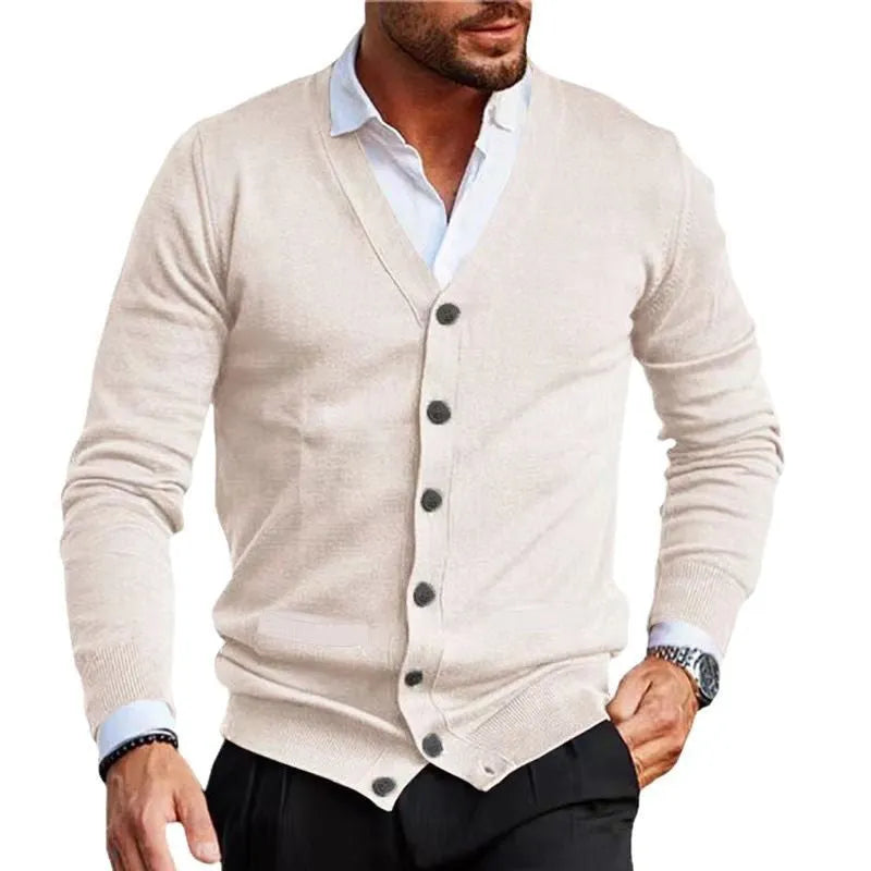 Men's slim fit acrylic cardigan sweater coat in dark gray, showing front button detail and long sleeves.