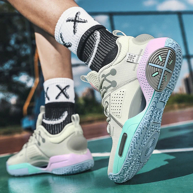 Cotton candy coloured basketball shoes with lace-up closure and rubber soles