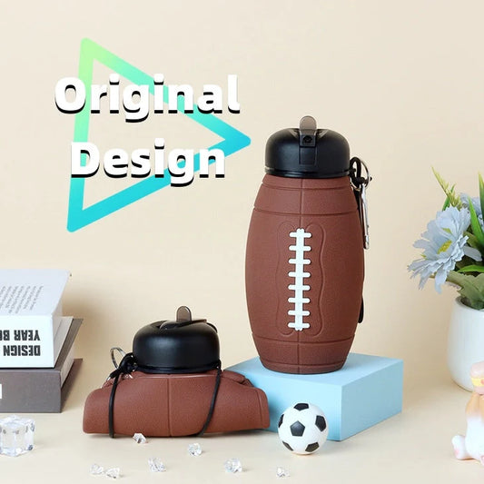 Brown rugby-shaped collapsible water bottle with leak-proof seal