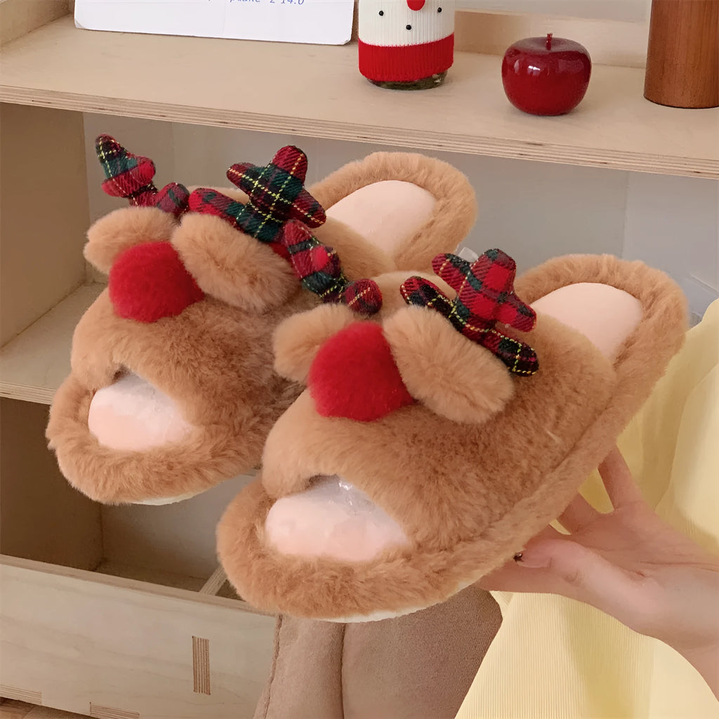 Brown women's cotton slippers with cartoon fawn design, suede uppers and PVC soles