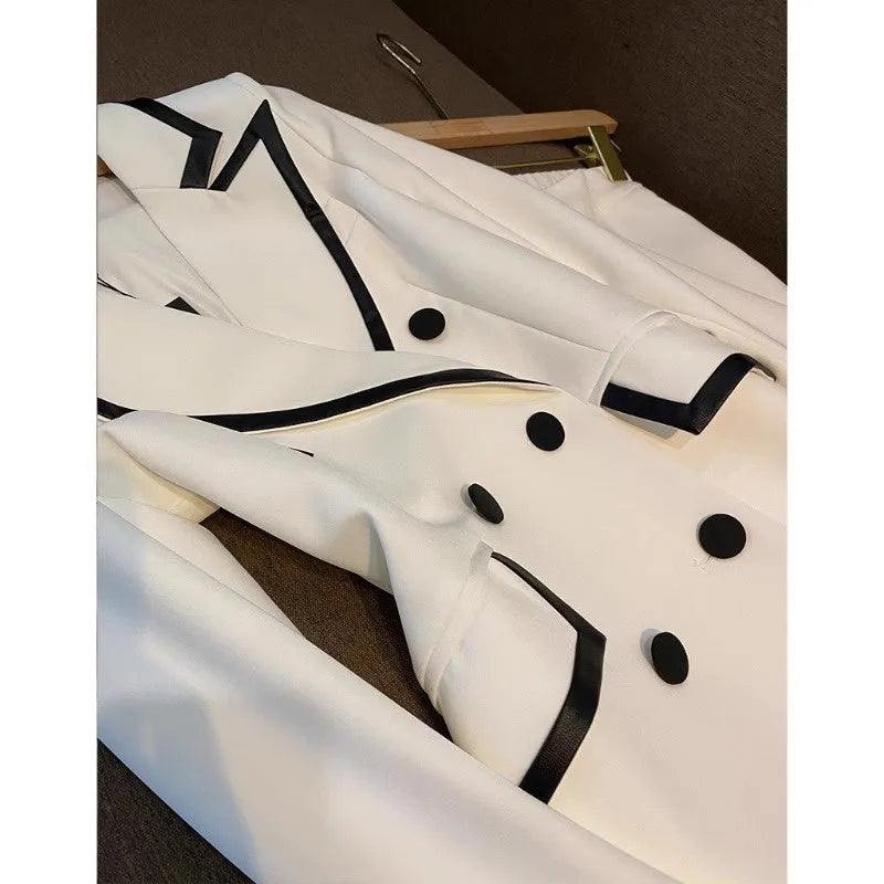 Women's white two-piece suit set with top and pants, polyester fabric, conventional sleeves, available sizes S to 3XL