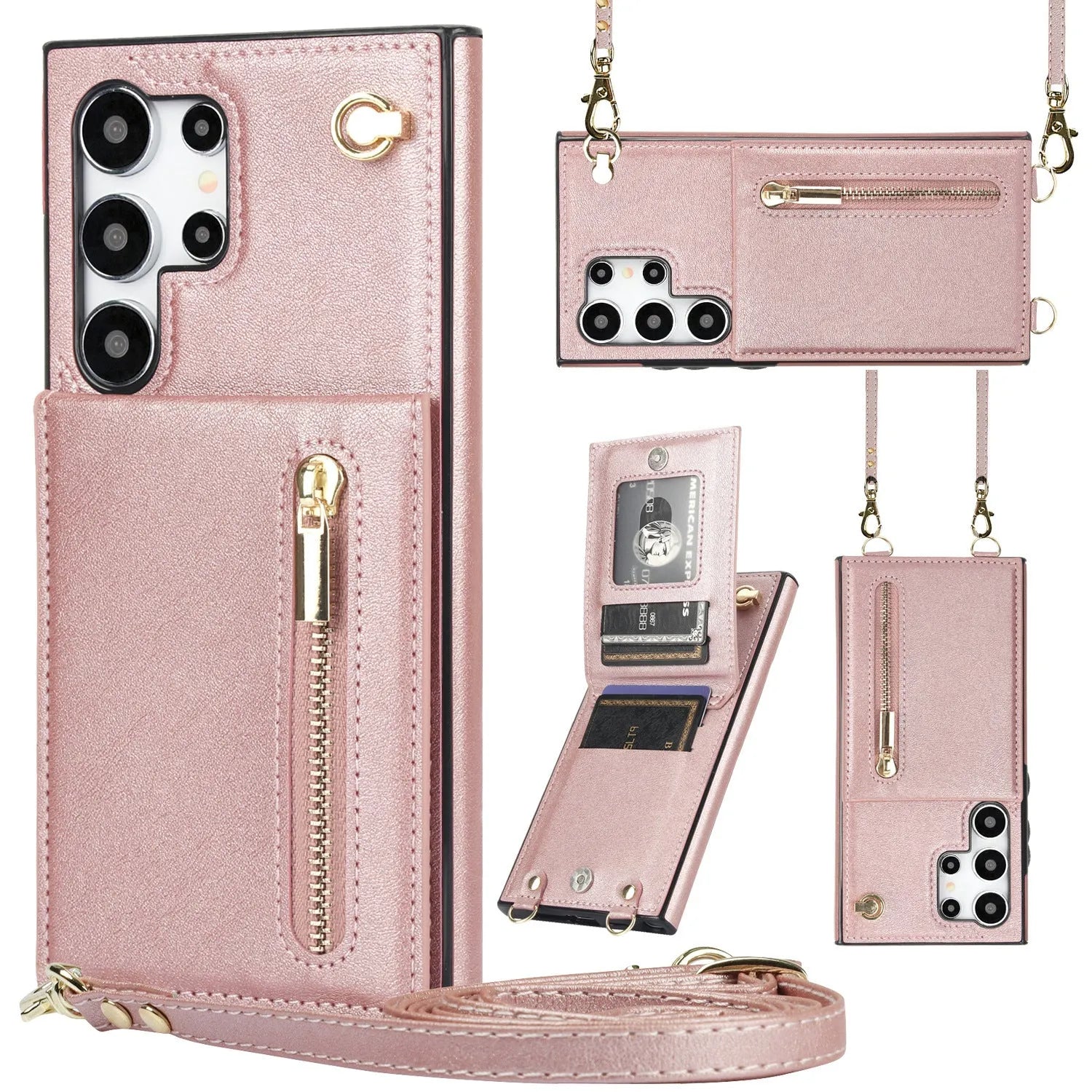 Samsung leather card holder crossbody phone case with zipper bracket in multiple colour options