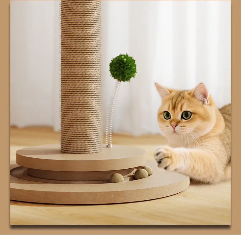 Vertical cat climbing frame with hemp rope scratching posts on a density board structure, in a canna colour.
