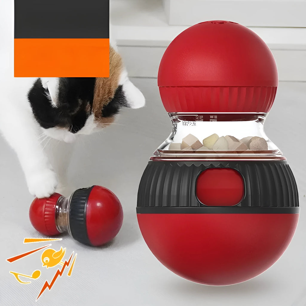 Rotating plastic cat toy ball in super ball colour with food dispensing mechanism