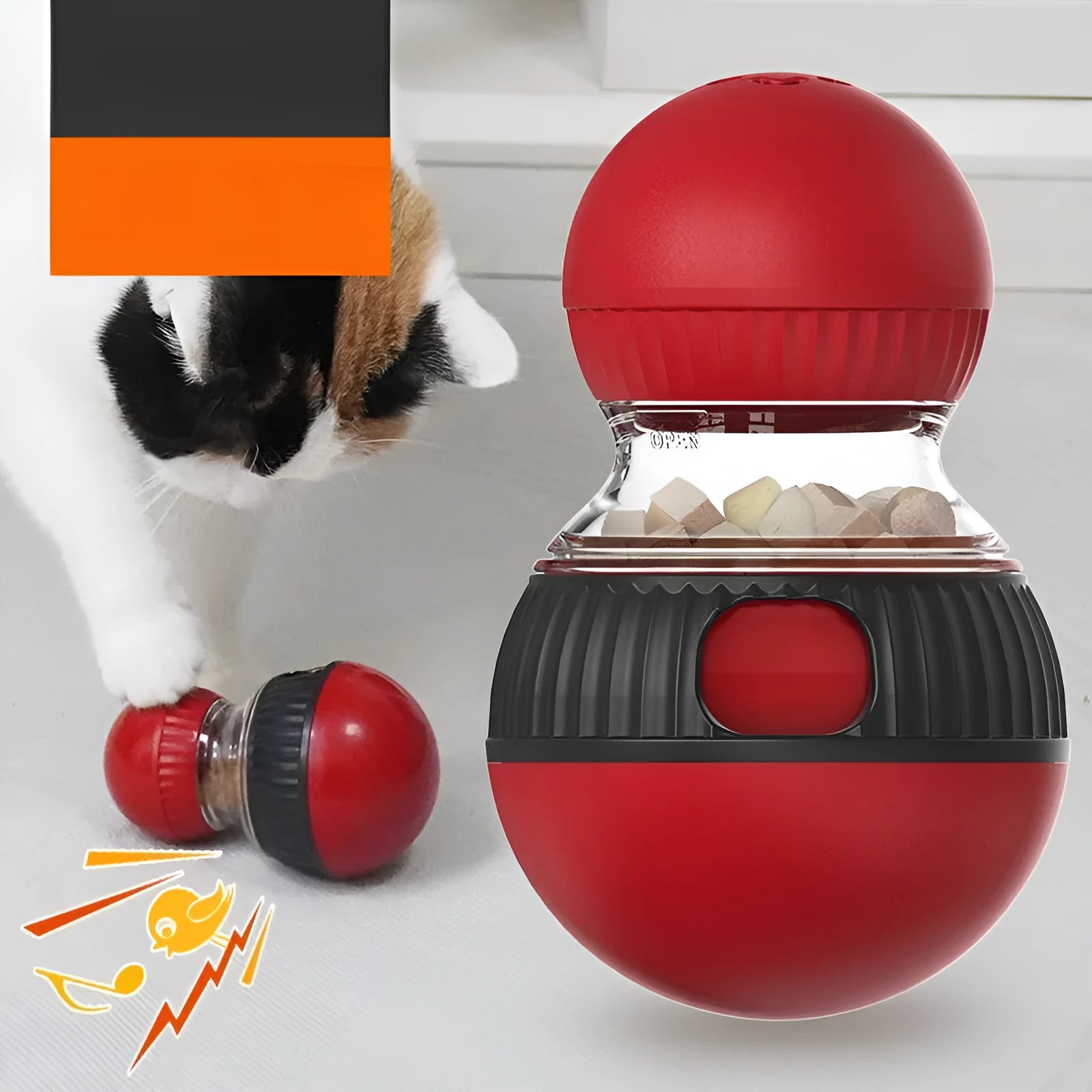 Rotating plastic cat toy ball in super ball colour with food dispensing mechanism
