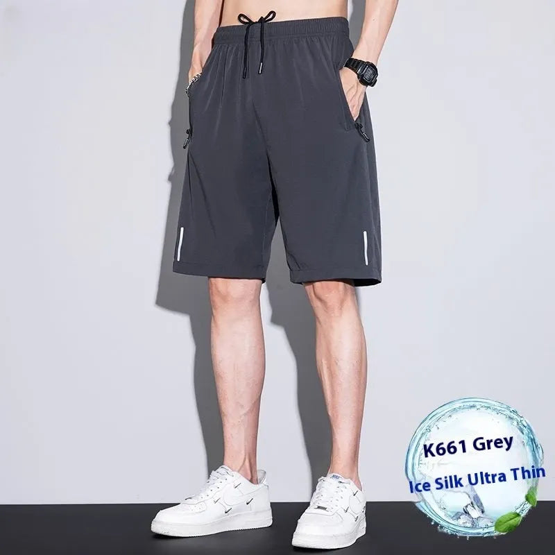 Men's quick-dry ice silk polyester running shorts, lightweight straight-leg fitness shorts in black, dark blue, and light gray