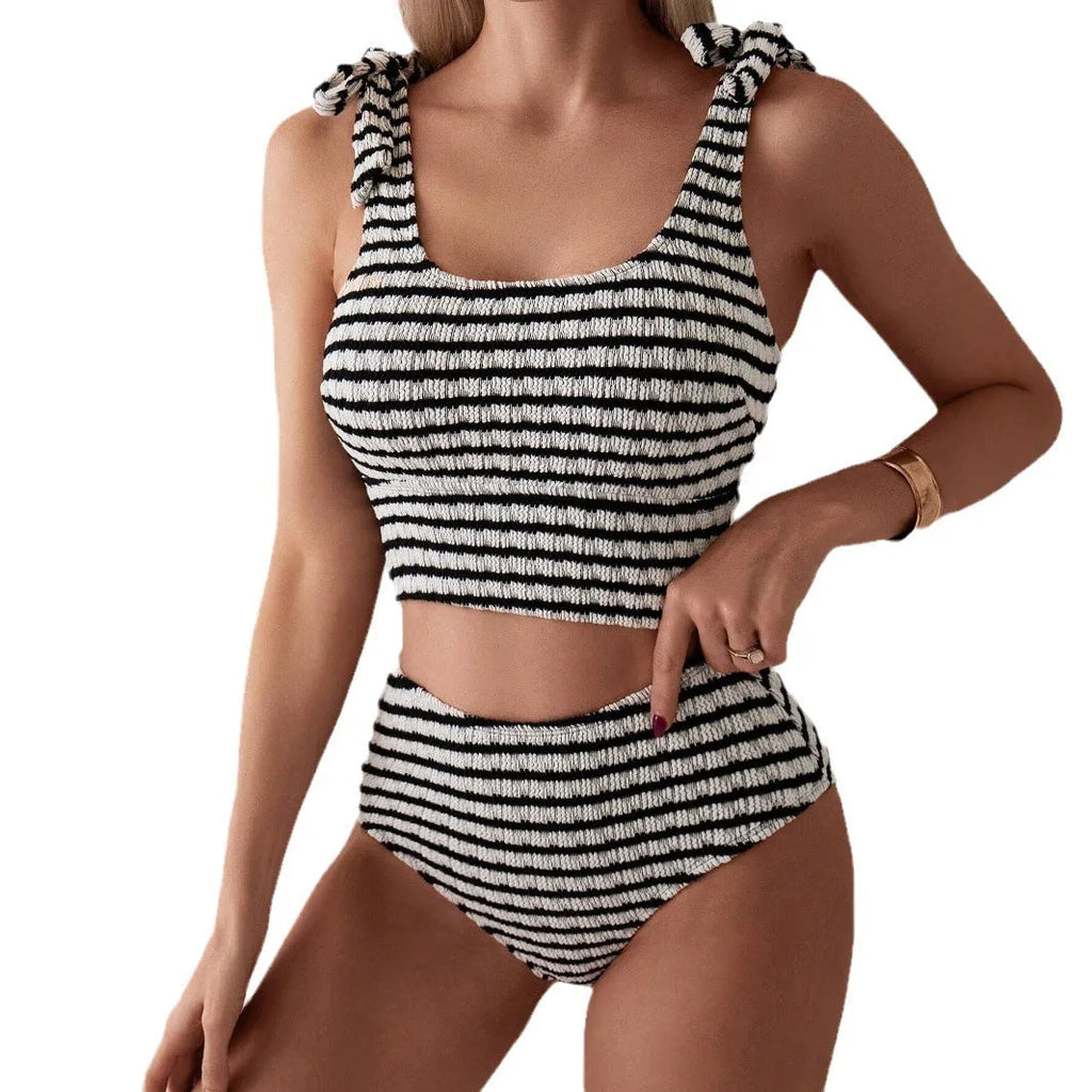 Women's gray striped tube top split swimsuit on mannequin, sleeveless brief style for swimming